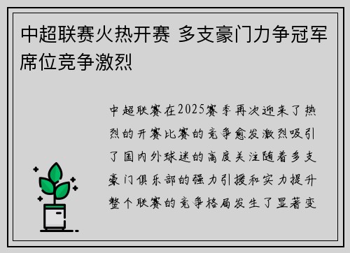 中超联赛火热开赛 多支豪门力争冠军席位竞争激烈 中超联赛火热开赛 多支豪门力争冠军席位竞争激烈